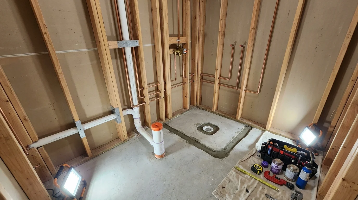 Bathroom rough-in plumbing during remodel by Johns Plumbing LLC in Mountlake Terrace