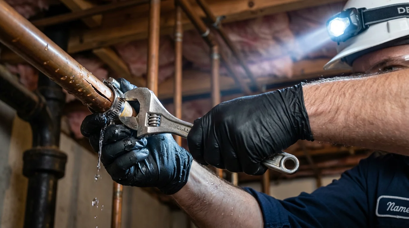 Emergency pipe clamp repair being performed by a Johns Plumbing LLC plumber in Mountlake Terrace