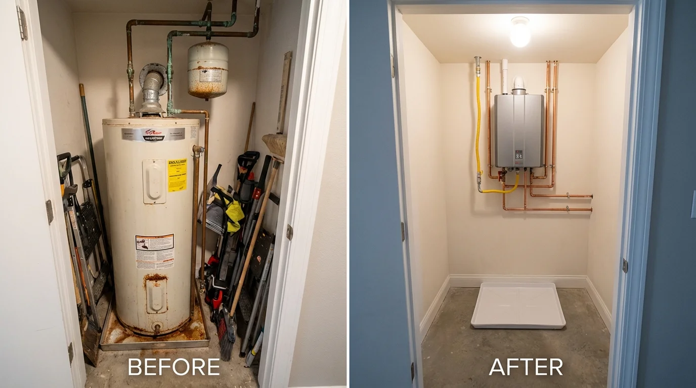 Tank water heater versus wall-mounted tankless unit comparison for Mountlake Terrace, WA homeowners