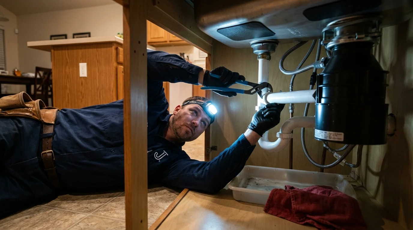 P-trap and supply line connections under a kitchen sink showing a common leak point in Mountlake Terrace, WA